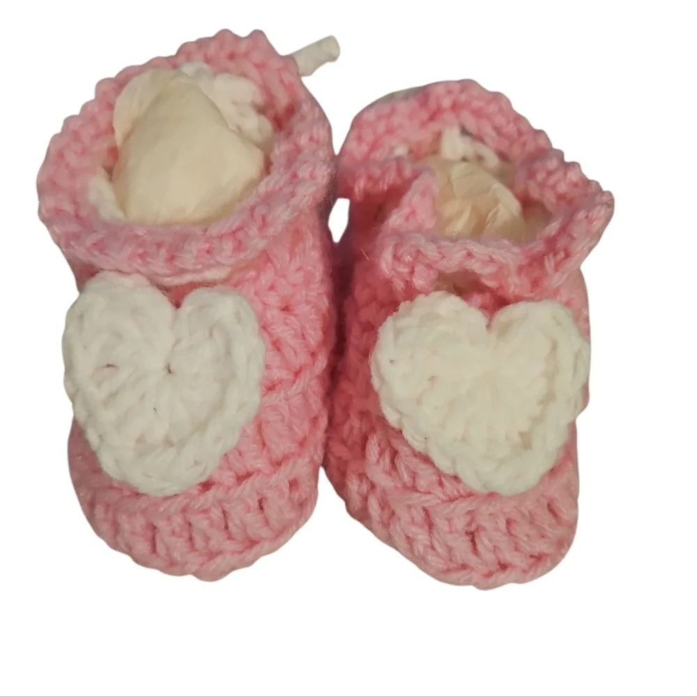 Hand Crafted Pink Crochet Baby Booties with Heart Design hand Knit Handmade 5